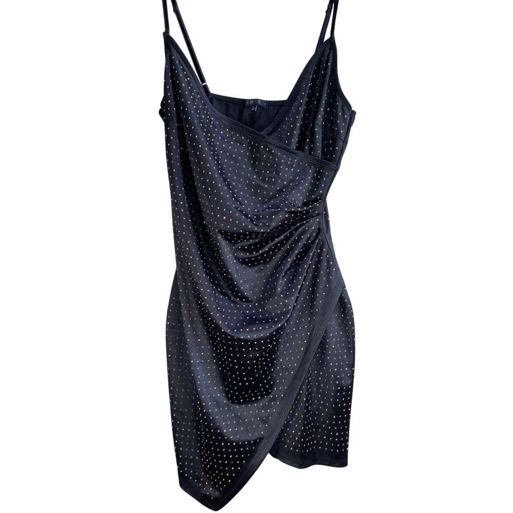 IRIS Black Rhinestone Bodycon Mini Dress Womens Large Faux Wrap Tulip Hem Ruched
